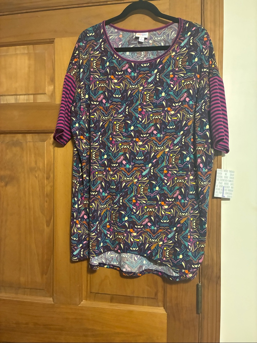 LuLaRoe Purple Multi-Pattern Midi shirt with Pink Stripe 3/4 Sleeves